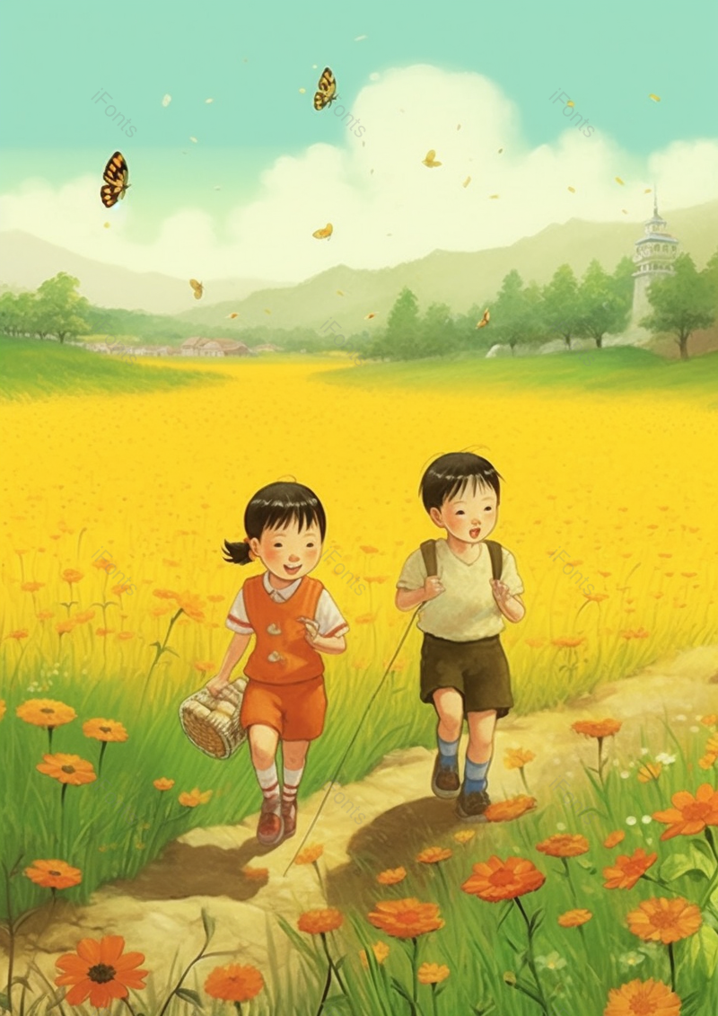 黄色盛开的油菜花胡蝶和两位可爱的小朋友,插画/手绘图,插画/手绘图库,插画/手绘图下载,插画/手绘